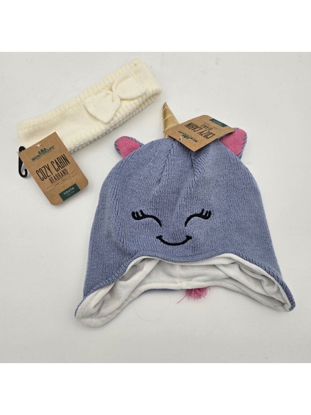 Northeast Girls Youth Unicorn Beanie & Bow Headband Cream/Purple Acrylic Lined